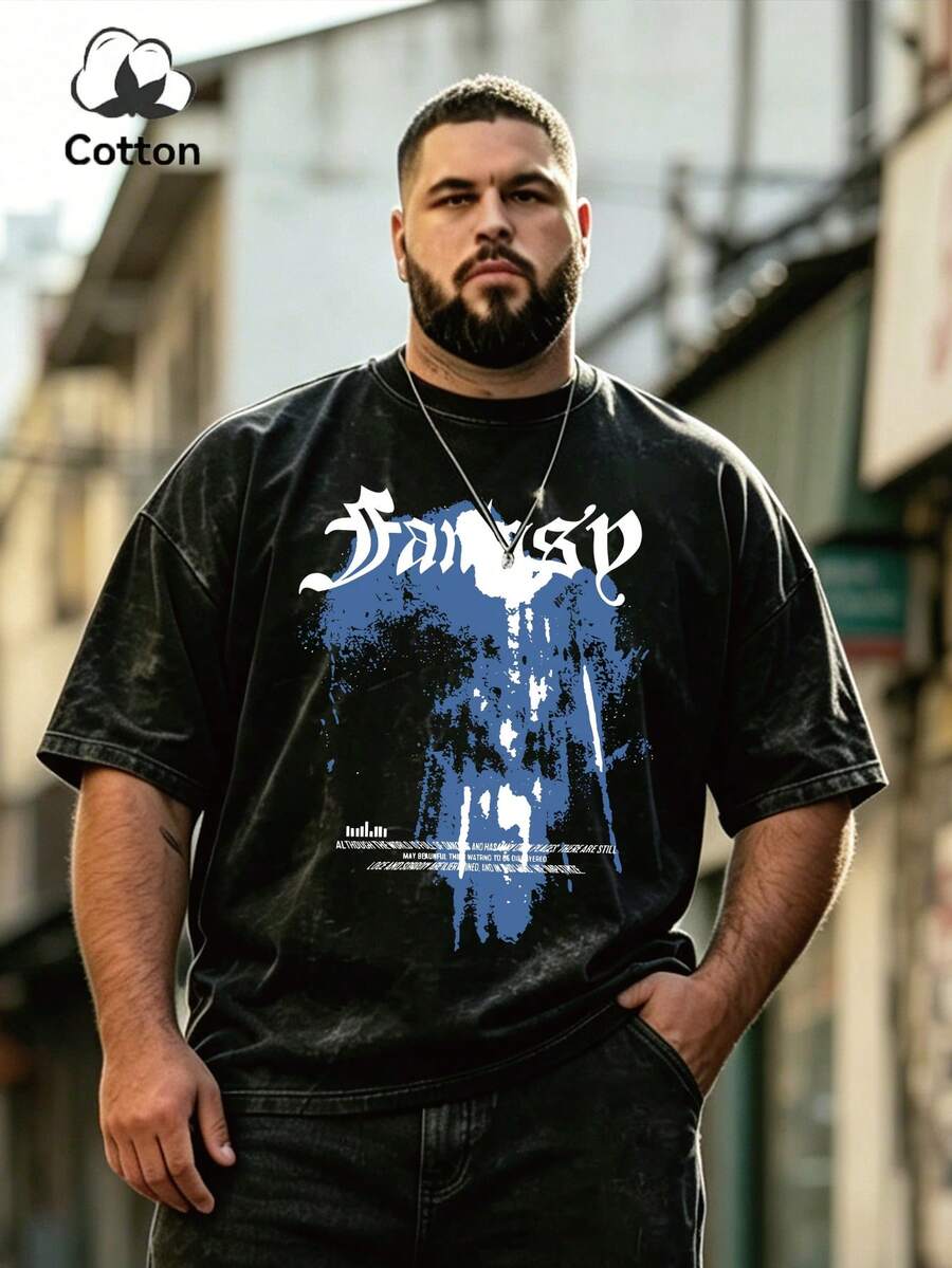 Plus Size Men's Summer Casual Round Neck English Blue Spray Painting Washed T-Shirt - Black - View 1