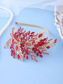 1 pieza Diadema de hoja con strass rojo, Corona nupcial elegante de oro, Adecuada para boda, fiesta de graduación - Rojo - Ver 2