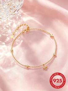 1 pieza Pulsera de plata de ley S925 con estrella de cuatro puntas y strass, diseño personalizado de moda, estilo clásico europeo y americano de lujo ligero, exquisita, elegante, de alta gama, diseño único, versátil para uso diario, fiesta, casual, accesorio de moda de nicho, regalo - Estrella de cuatro puntas - Ver 2