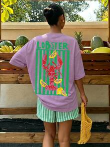 Imprimé Homard Rouge avec Rayures Citron, ample, streetwear de plage, streetwear, t-shirts en coton surdimensionnés pour femmes - Prune - Voir 3