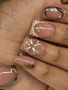 24pcs Short Square 3D Gold Glitter French Press-On Nails With Rhinestones, Acrylic Nail Tips, Includes Jelly Glue And Nail File, Suitable For Parties, Events, Daily Wear. Suitable For Women And Girls. Includes Nail Tools. Shapeable Nail Set - Multicolor - View 7