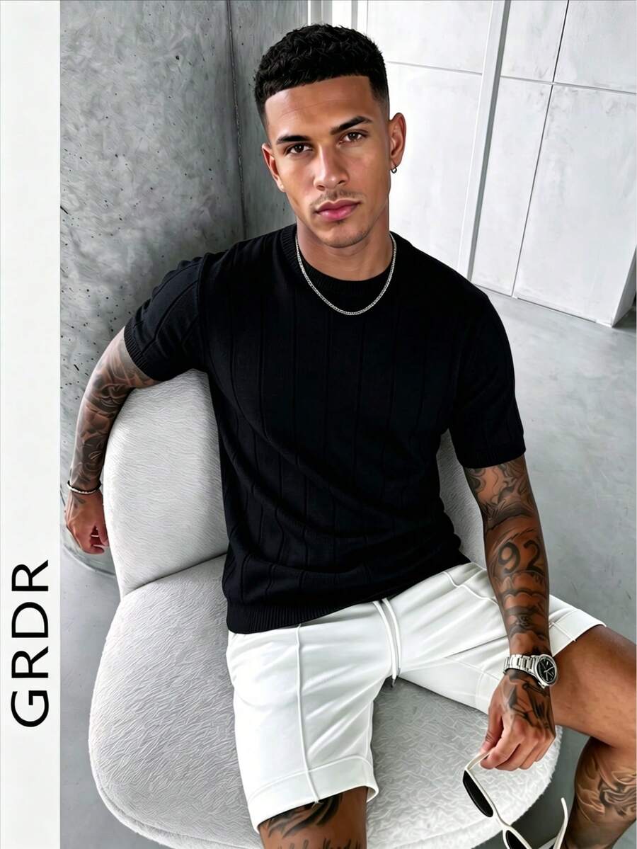 GRDR Men's Summer Knit Solid Ribbed Short Sleeve Sweater, Sporty Casual, Suitable For Outdoor Activities