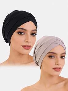 2 buah Topi Beanie Elastis Silang Ganda Wanita, Cocok untuk Pemakaian Sehari-hari - Hitam/Abu-abu - View 46