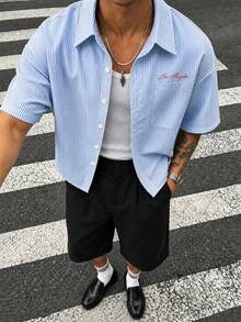 男士夏季休閒純色印花短袖襯衫，度假海灘熱帶風襯衫，日常穿著，法式優雅浪漫，父親節禮物 - 藍色 - 查看 1