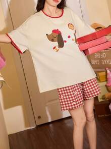 2pcs/Set Women's Pajamas Loungewear Set, Cute Puppy Print Pattern Simple Casual Japanese Style Fashion Pullover Round Neck Short Sleeve Shorts, Comfortable For Home Wear - Multicolor - View 5