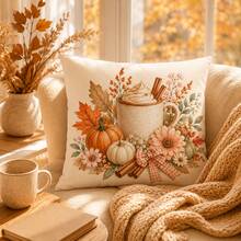 2pcs Cozy Fall Drink & Pumpkin Pillow Covers, Gingham Bow Autumn Cushion Covers For Sofa Bedroom(Pillow Inserts Not Included) - Multicolor - View 5