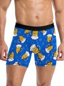 1件裝男士啤酒印花四角內褲，啤酒杯與啤酒花印花設計，適合酒吧派對、朋友聚會、休閒穿著 - 藍色 - 查看 2