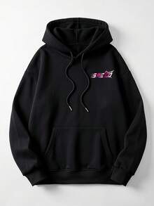 Sweatshirt Pullover Lengan Panjang Berkerudung Minimalis dengan Desain Bahu Jatuh, Motif Tema Balap dengan Logo 97, Atasan Lengan Panjang Kasual Serbaguna Warna Hitam untuk Musim Gugur - Hitam - View 4