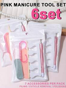 6pcs Pink Manicure & Pedicure Tool Set, Includes Nail File, Sponge Polishing Strip, Nail Brush, Dead Skin Trimmer, Wooden Stick And Foam Toe Separator, Portable Home Use, With Laser Gold Texture Packaging Storage Bag, DIY Nail Care Set - Black - View 10