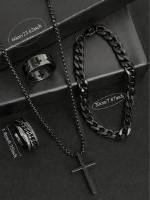 4pcs/Set Minimalist Style Men's Jewelry Set, Includes Black Cross Necklace, Bracelet And 2 Rings, Suitable For Business, Commute And Casual Occasions - Perfect Birthday Gift For Boyfriend/Son - Multicolor - View 3