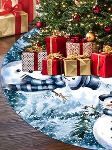 1/100Pcs Christmas Theme Christmas Tree Skirt, Printed With Blue Plaid Scarf Snowman Snow Forest Pattern, Round Base, Diameter 60/90CM Optional; Suitable For Winter Party And Home Holiday Decoration, Ideal Christmas Tree Decoration. - Multicolor - View 4