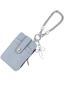 Faux Leather Card Wallet With Metal Wrist Chain, Multi Slot Snap Zipper Coin Purse, Mini Portable Key Pouch For Cards Cash Keys, Daily Accessory Gift - Multicolor - View 1
