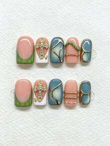10pcs Short Square Duck-Billed Handmade Press-On Nails, Nude To Blue Gradient Y2K Hot Girl Style, With 3D Cross Snake Metal Wire And Rhinestone Decor, Reusable, Easy To Wear, Suitable For Daily, Dating And Party - Multicolor - View 1
