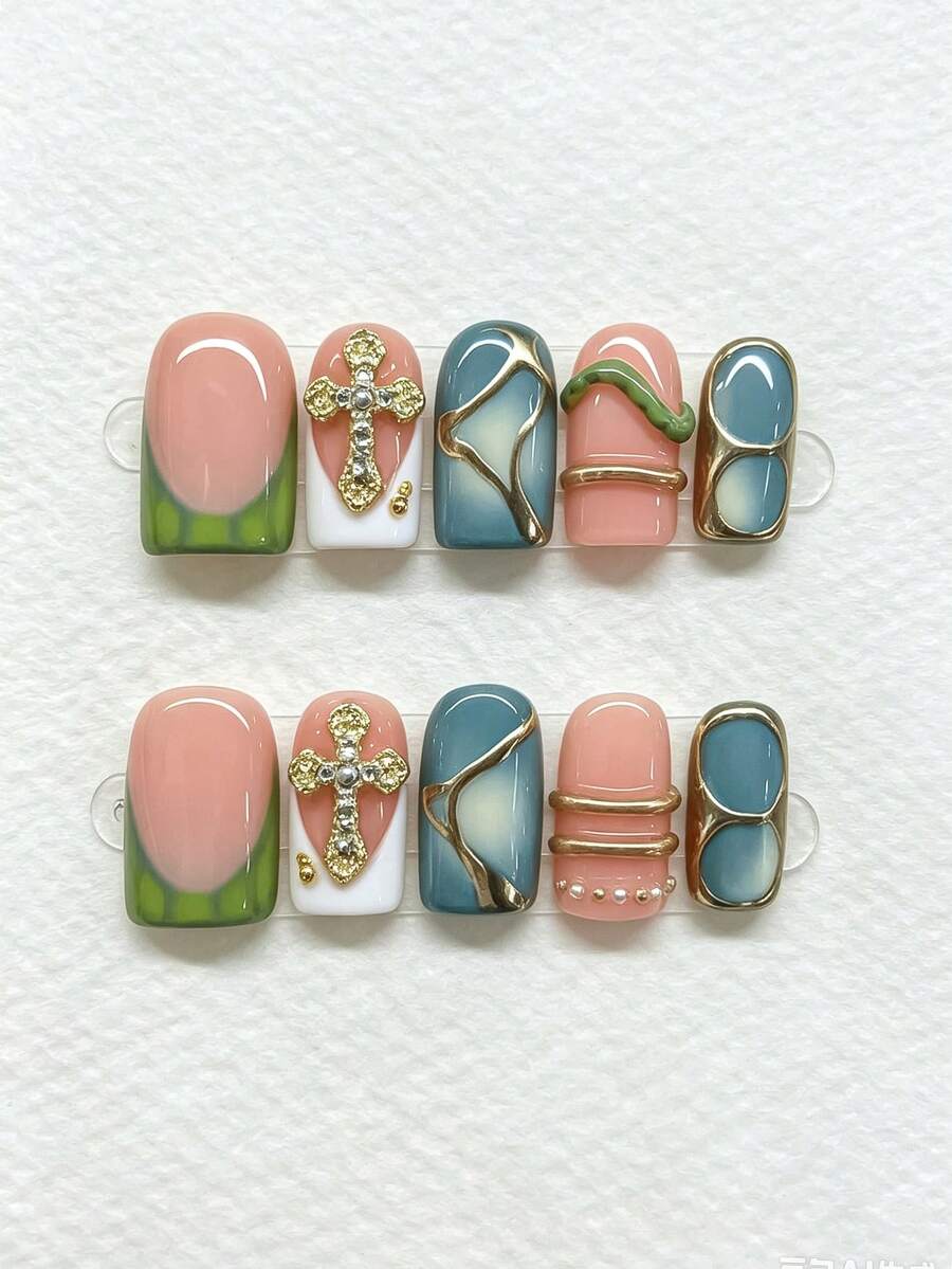 10pcs Short Square Duck-Billed Handmade Press-On Nails, Nude To Blue Gradient Y2K Hot Girl Style, With 3D Cross Snake Metal Wire And Rhinestone Decor, Reusable, Easy To Wear, Suitable For Daily, Dating And Party - Multicolor - View 1
