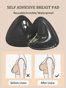 1 Par de Almofadas de Sutiã Autoadesivas Dupla Face Pretas, Inserções Triangulares Respiráveis e À Prova d'Água com Efeito Push-Up, Almofadas Invisíveis Reutilizáveis para Maiô Bikini - Preto - Visão 2