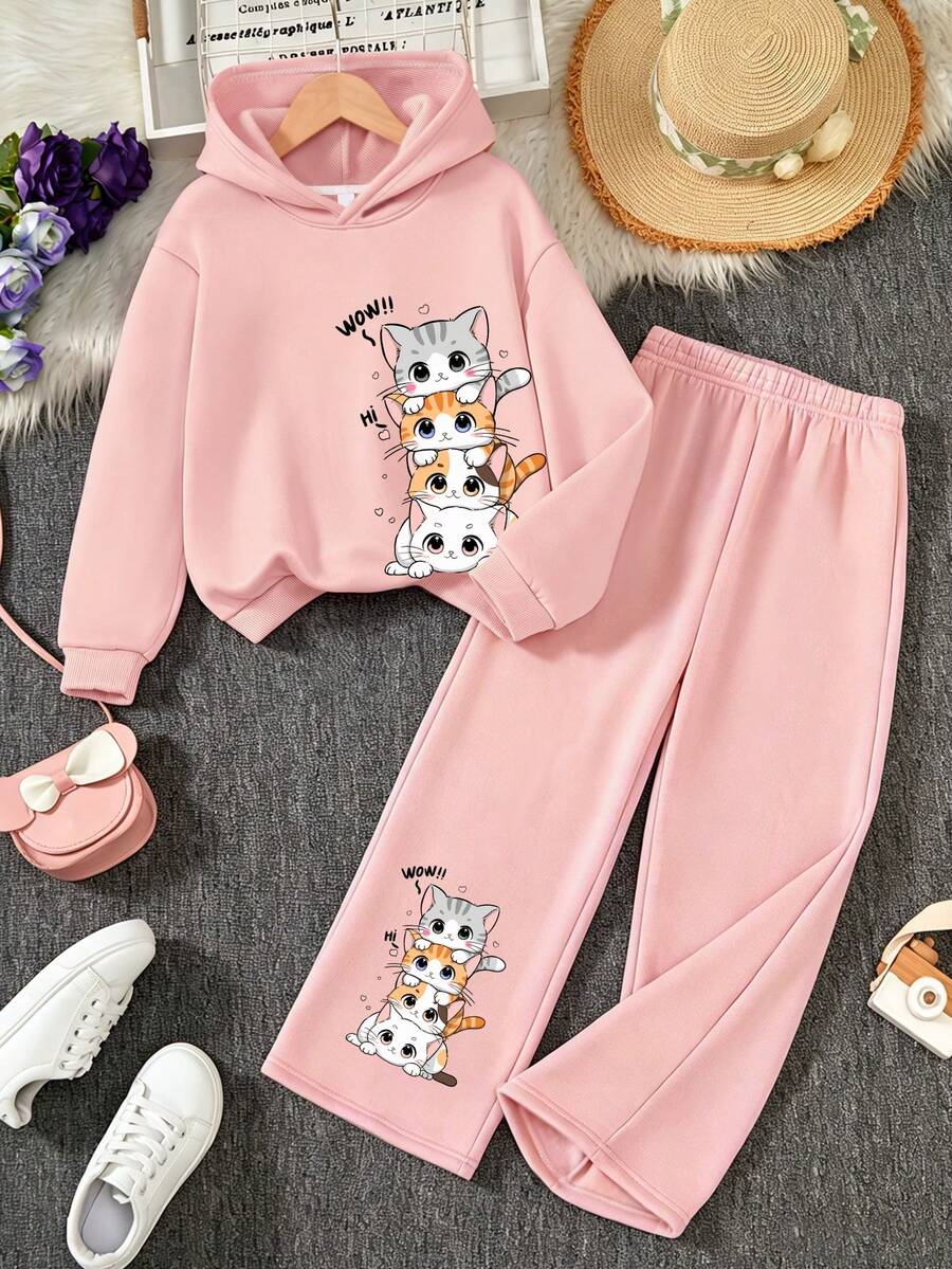 Versatile Fashionable Casual Girls Cartoon Cat Print Hoodie Sweatshirt With Printed Solid Color Loose Pants, 2-Piece Set For Autumn/Winter Daily Wear - Pink - View 1