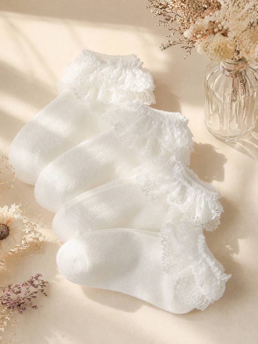 5雙女嬰襪/女孩襪/兒童襪 黑色雙層蕾絲荷葉邊網襪 透氣柔軟舒適短襪 適合嬰兒日常穿著/節日禮物/情人節穿搭/婚禮季穿搭 - 白色 - 查看 1