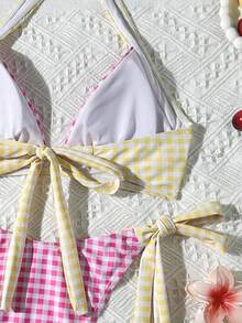 Sunny Chic 2-Piece Bikini Set - Sexy Pink Plaid Swimwear With Yellow Tie And Halter Neck Design, Perfect For Beach And Pool Vacation Summer - Multicolor - View 7