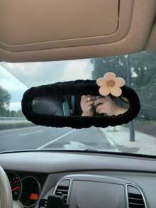1pc Universal Plush Rearview Mirror Cover, Flower Plush Rearview Mirror Cover, Car Accessories, Car Decoration, Decorative Car, Gift, Protective Rearview Mirror Cover, Pink Car Rearview Mirror Protector, Cartoon Car Interior Decoration Accessories - Five-petaled Flower - View 5