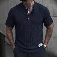 男士春夏 3 扣亨利领短袖衬衫和抽绳短裤纯色提花休闲度假 2 件套 - 寶藍色 - 查看 5