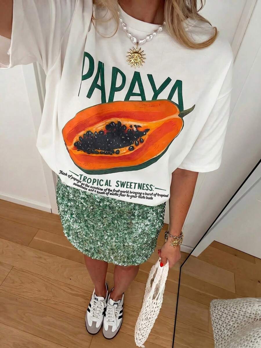 大尺碼女款水果與字母印花圓領落肩休閒寬鬆短袖T恤 - 白色 - 查看 1