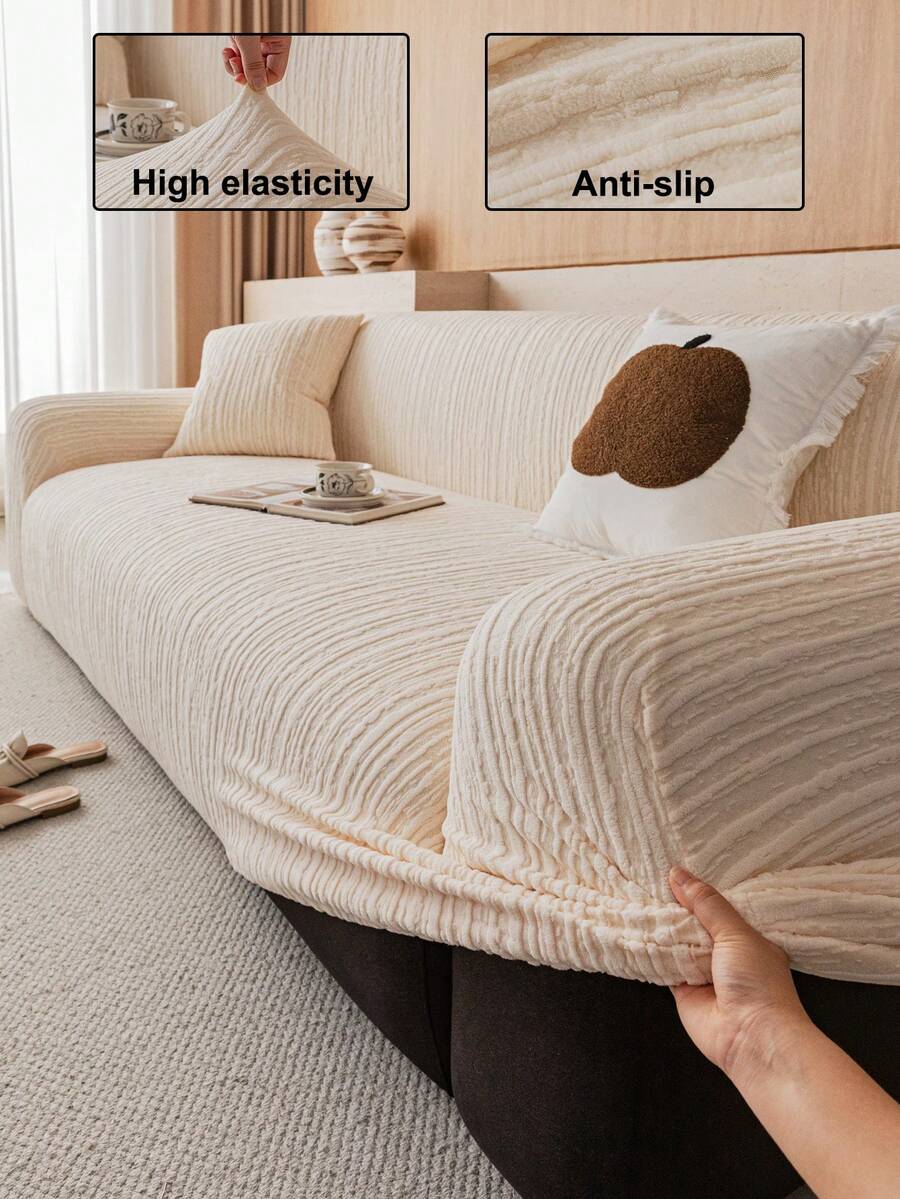 1pc 3D Sofa Cover, Multi-Functional Full Coverage Sofa Protector, Solid Color Geometric Pattern Design, Holiday Decor, High Elasticity One-Piece Sofa Slipcover, Suitable For All Seasons - Beige - View 1