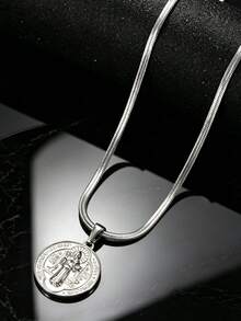 1pc Minimalist Vintage Silver Stainless Steel Men's Necklace, Flat Snake Chain With Double-Sided Embossed St. Benedict Icon Round Pendant, Unisex Daily Prayer Blessing Neck Accessory - Silver - View 4