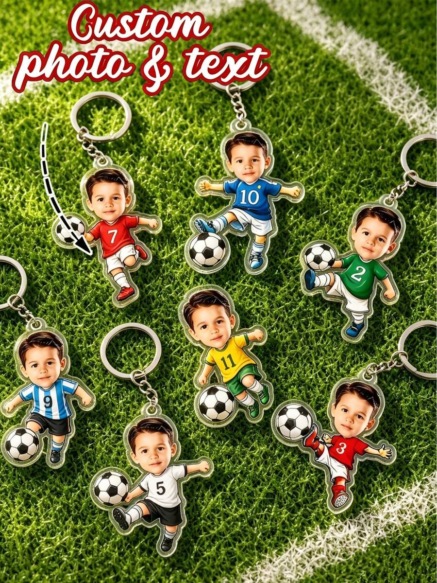 Customizable Acrylic Football Player Photo Keychain, Personalized Cartoon Style Football Player Keychain, Customizable Football Theme Keychain, Football Fan Sports Enthusiast Souvenir - Multicolor - View 1