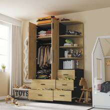 Wardrobe With Hanging Rail And Five Drawers, Two-Door Wardrobe + Display Cabinet, Bedroom Storage Unit, Storage Cabinet In Natural Wood + Black (Natural Wood + Black) - Natural+Black - View 2