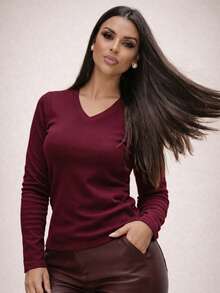 Women's Ribbed Knit V-Neck Long Sleeve Plush Blouse Casual Elegant Chic Comfortable Warm Autumn Winter 2026 Fashion  Bordeaux - 邊緣 - 查看 2