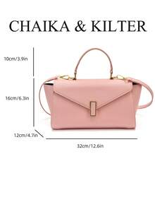 CHAIKA & KILTER 1件裝純色PU布料女款時尚翼形手提包，金屬鎖扣開合，頂部單手柄，可拆卸可調節肩帶，可手提、肩背或斜跨，適合日常購物 - 粉色 - 查看 3