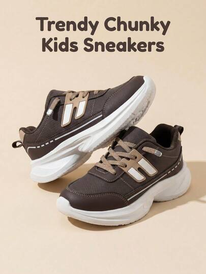 Kids Chunky Sneakers, Breathable Lace-Up Casual Running Shoes For Boys Girls, Lightweight Non-Slip Outdoor Sports Shoes For All Seasons