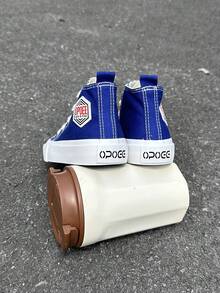 OPOEE 春夏新款繫帶經典高筒兒童帆布鞋，男女童適用，簡約時尚滑板運動鞋 - 寶藍色 - 查看 6