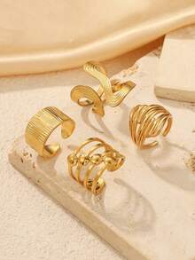 Set 4 buah cincin terbuka stainless steel berlapis emas 18K, cincin jari terbuka geometris bertekstur gelombang asimetris yang unik, perhiasan tangan mewah kelas atas yang dapat ditumpuk, cocok untuk wanita untuk bepergian sehari-hari dan kencan, hadiah untuk sahabat dan pacar, ukuran cincin dapat disesuaikan. - Yellow Gold - View 2