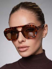 1 Pair Women's Leopard Print Polygon PC Frame Retro Double Bridge Fashion Street Style Personalized Glasses - Multicolor - View 2