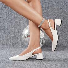 Elegant Solid Color Women's Shoes, Ankle Strap, Low Lightweight High Heel Sandals, Pointed Toe Category: Women's High Heel Sandals - White - View 2
