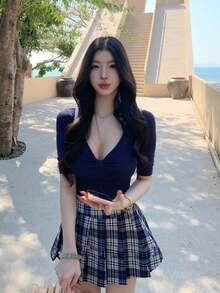 韓式復古拼接扭結短袖女款夏季修身顯瘦百搭慵懶休閒短版上衣 - 藏蓝色 - 查看 3
