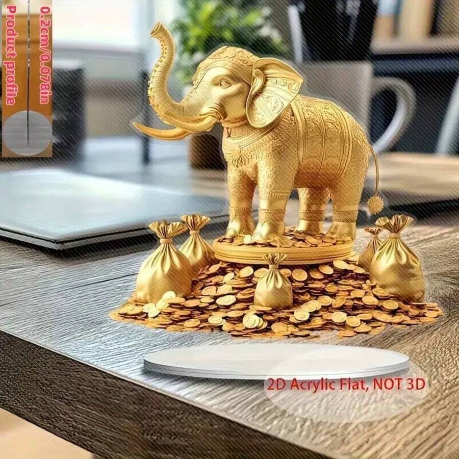 2D平面0.3cm厚壓克力大象裝飾品,金色點綴與硬幣裝飾,卡通風格居家/辦公室藝術品,情人節畢業生日禮物,無需電源,大象裝飾,辦公室裝飾,卡通大象裝飾品,金色點綴裝飾,2D平面 - A - 查看 1