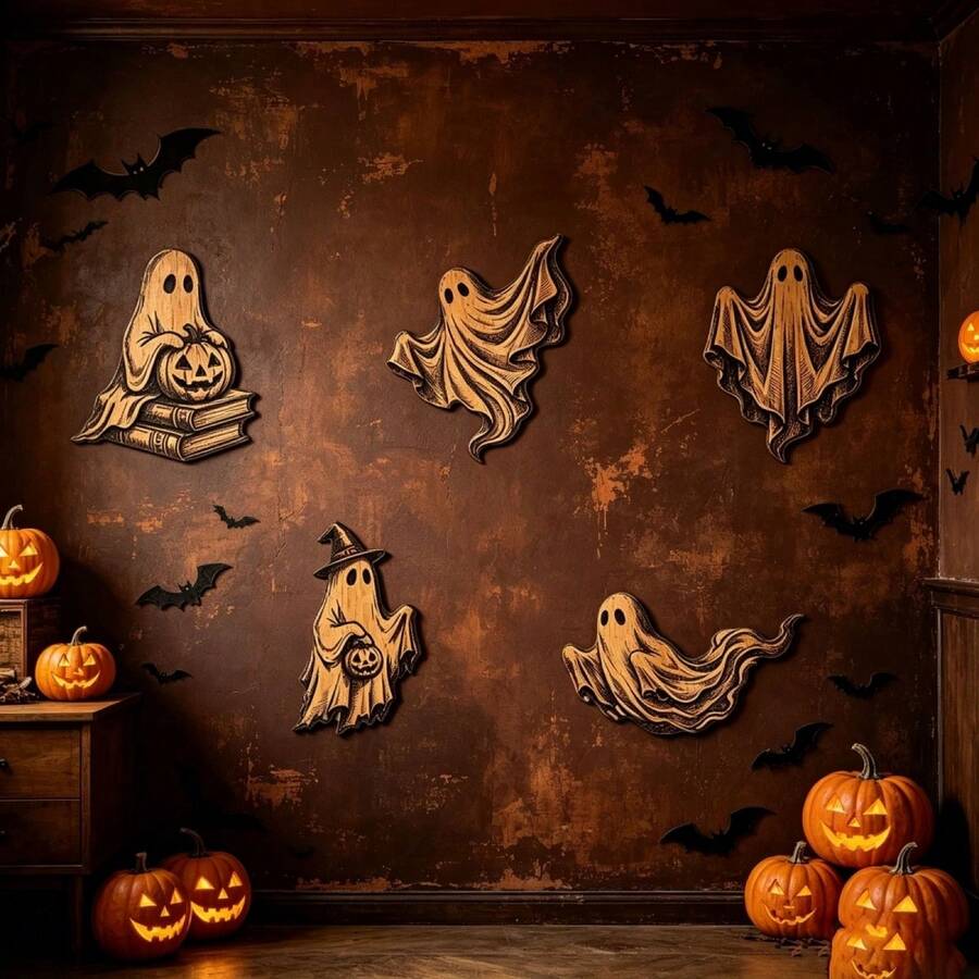 Halloween Scary Pumpkin Wall Decoration Set, Rustic Wood Look Jack O Lantern Wall Signs For Home Party Holiday Decor - Pale Yellow - View 1