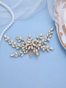 1pc Women's Gold Rhinestone Hair Comb, Elegant Floral Design Bridal Hair Accessory, Suitable For Wedding, Prom And Party - Gold - View 2