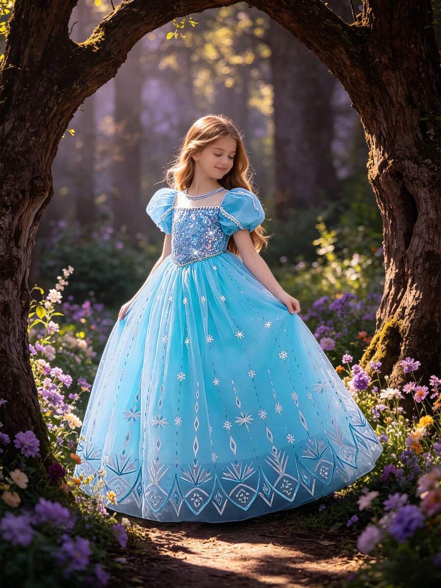 Vestido de princesa elegante con lentejuelas, copos de nieve y tul abullonado para niñas jóvenes, adecuado para fiestas, con capa, sin diadema - Azul - Ver 1