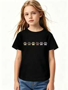 A Customized Cotton Top, Spring And Summer Round Neck Short Sleeved T-Shirt, Cartoon Floral Print, Suitable For Girls' Leisure, Vacation, Daily Life, - Black - View 4