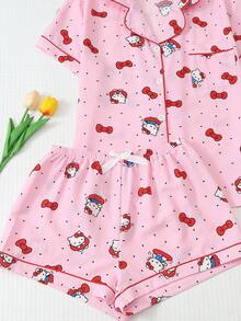授權 2 件組 春夏女款 Sanrio Hello Kitty 印花翻領短袖鈕扣口袋上衣與蝴蝶結短褲睡衣套裝居家休閒服 - 粉色 - 查看 6