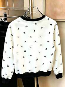 Tween Girl Bow Pattern Print Crew Neck Long Sleeve Sweatshirt - White - View 2