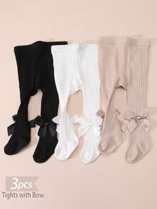 3 Pasang Celana Ketat Rajut Garis Vertikal Warna Polos dengan Hiasan Pita Besar Satin Lucu untuk Bayi Perempuan, Kaus Kaki Lapisan Dasar Harian yang Lembut dan Elastis - MultiWarna - View 4