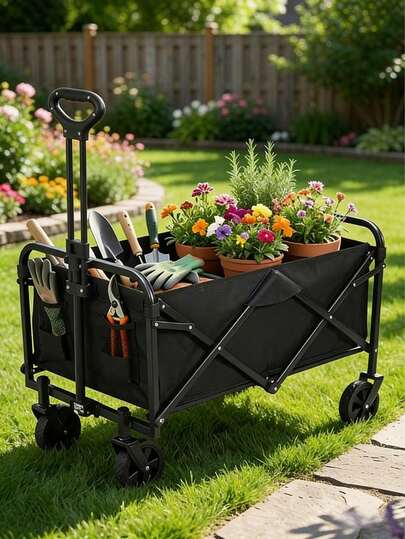 Foldable Camping Trolley, Made Of Wear-Resistant Large-Capacity Oxford Cloth, Constructed With Thickened Stable Steel Frame, Equipped With Smooth Universal Large Wheels And Retractable Pull Rod, Easy For Outdoor Transportation