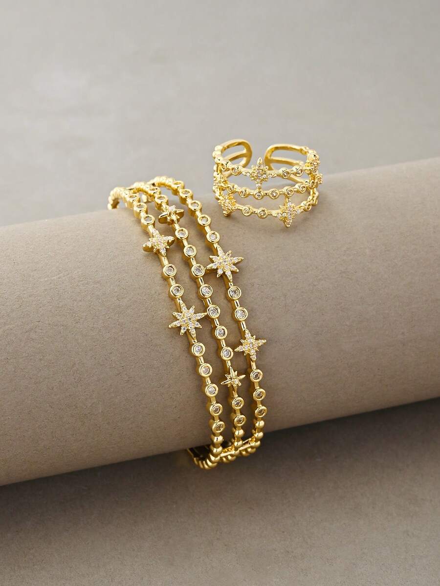 Gold Bracelet Set, Versatile Textured Copper With Zirconia Inlay, Suitable For Daily Wear, Gatherings, Dates, Parties, Gifts - Gold - View 1