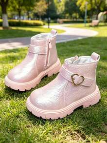 1 Pair Girls' Heart Buckle Boots, New Spring/Autumn Fashion Buckle Princess Boots, Korean Style Versatile Fashion Ankle Boots - Pink - View 2