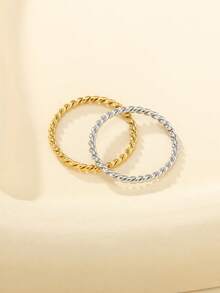 Thin Twisted Rope Plain Ring, 14K Gold Plated 304 Stainless Steel, Waterproof Hypoallergenic Non-Fading, Ins Gentle Style Stackable Thin Ring - Rx1.5 - View 2