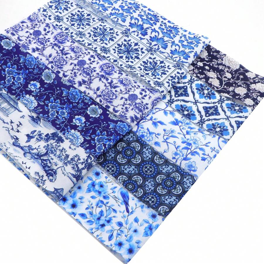 10Pcs Blue Ceramic Series Precut Fabric Strips Bundle Fabric Jelly Roll, Material Assorted For Quilting DIY, Handicrafts Sewing, Rugs, Home Decoration, Hair Bows, Patchwork Making - Default - View 1